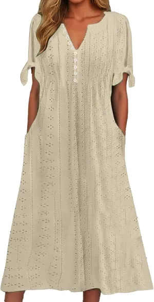 Maxi Long Dresses for Women 2025 Summer Casual V Neck Short Sleeve Eyelet Tshirt Dress Boho A Line Beach Vacation Sundress