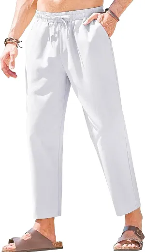 Men's Cotton Yoga Straight-Leg Slack Summer Beach Linen Pants Casual Lightweight Elastic Waist Trousers