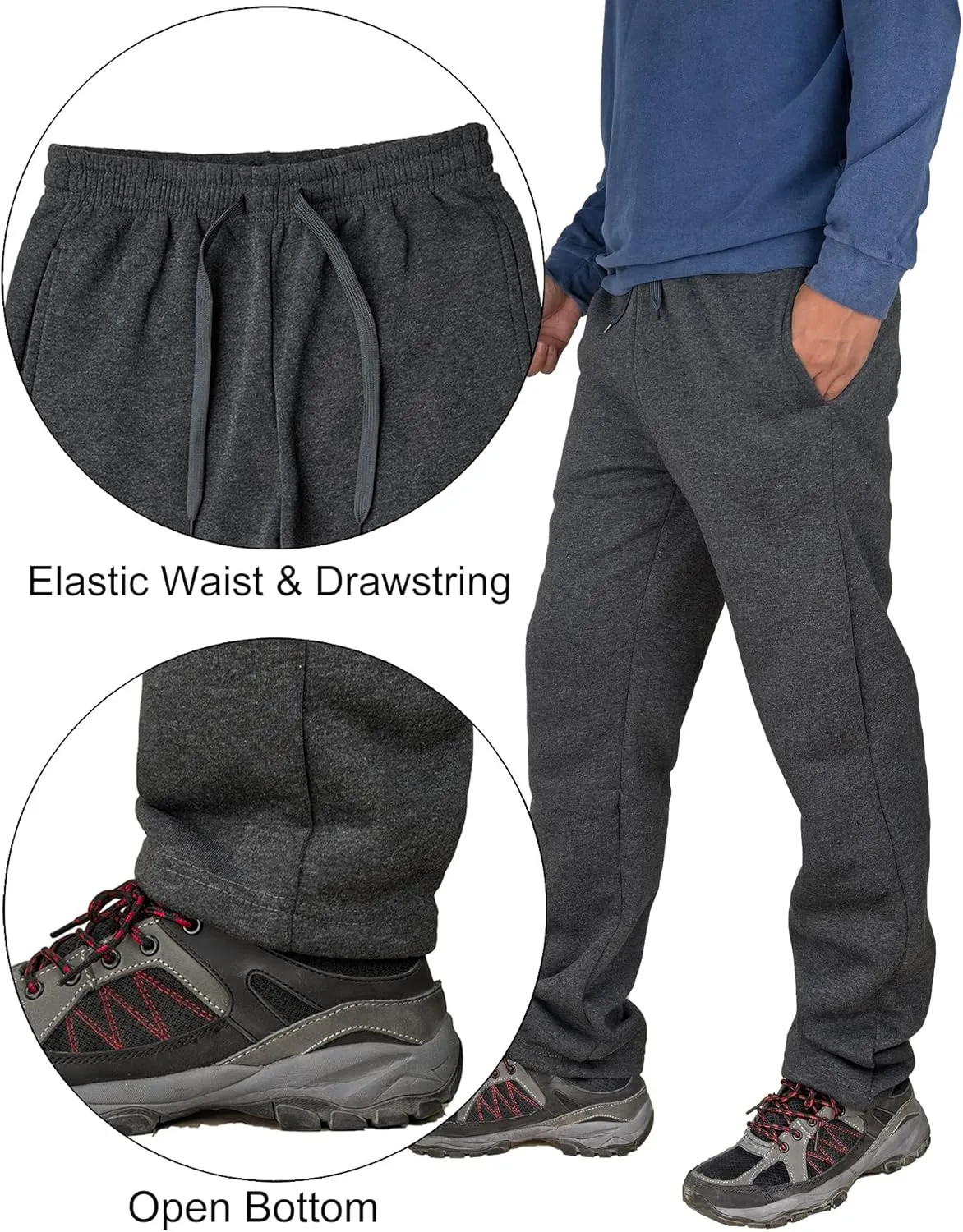 Mens Fleece Athletic Sweatpants Workout Relaxed Fit Elastic Waist Open Bottom Sweat Pants with Pockets Drawstring