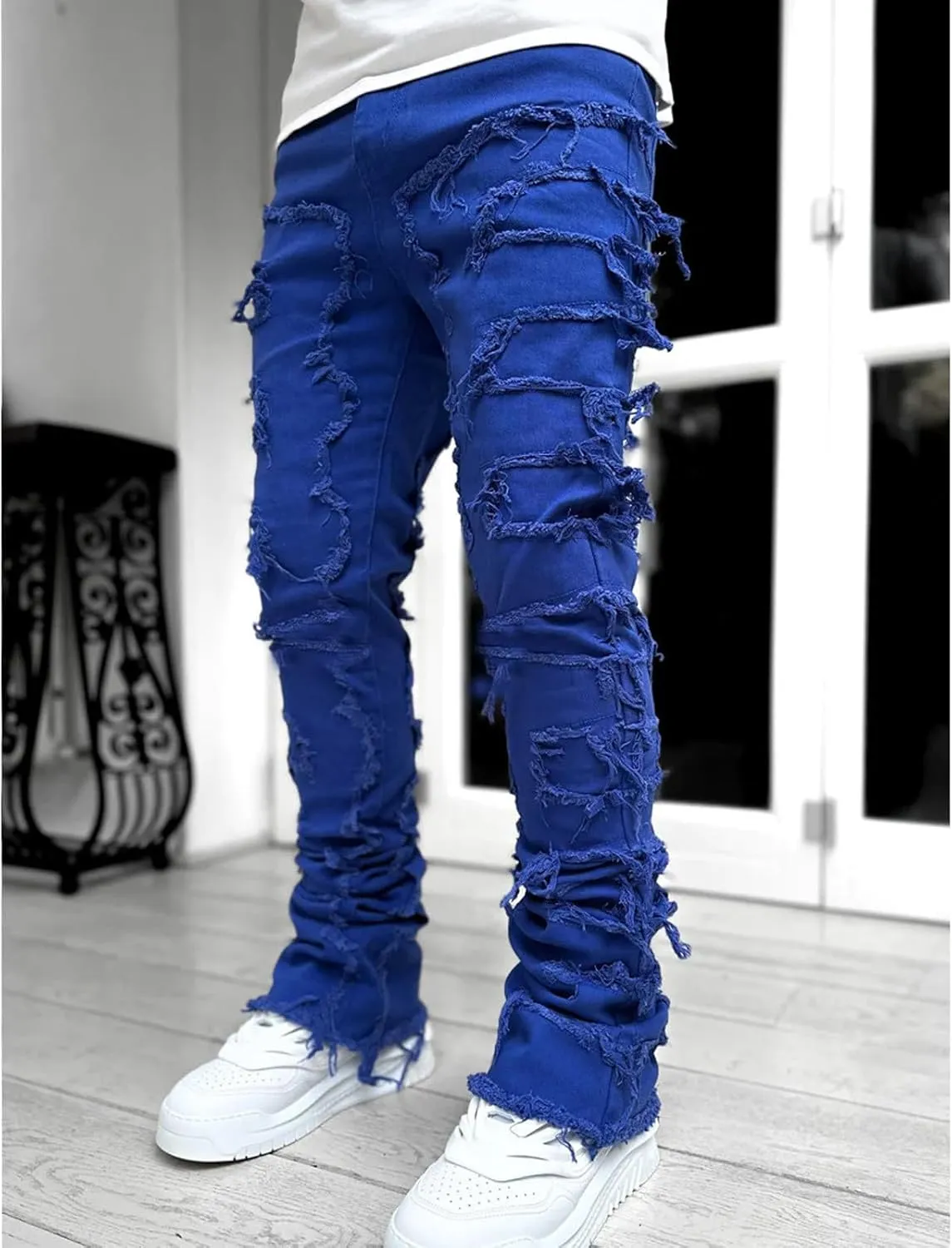 Mens Stacked Jeans Stretch Slim Fit Casual Ripped Destroyed Straight Denim Pants Harajuku Hip Hop Vintage Trousers