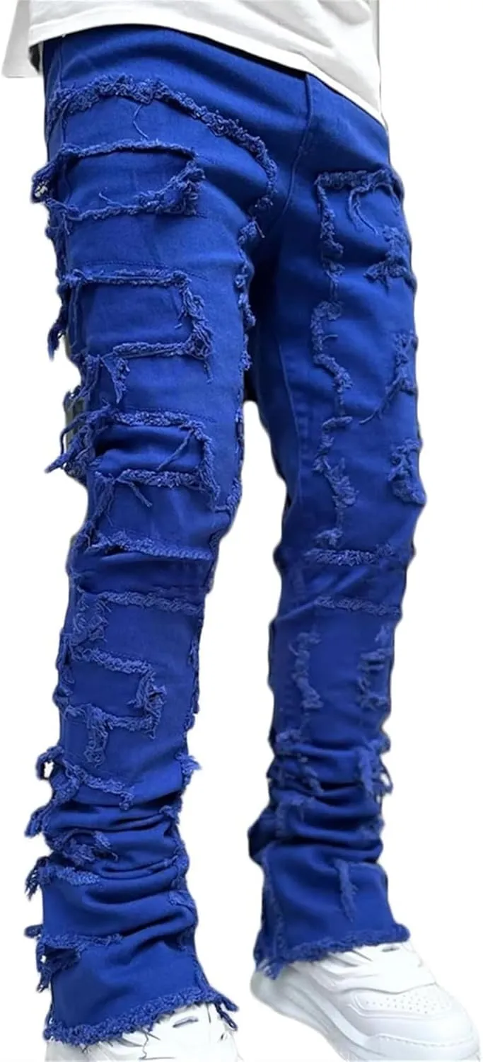 Mens Stacked Jeans Stretch Slim Fit Casual Ripped Destroyed Straight Denim Pants Harajuku Hip Hop Vintage Trousers