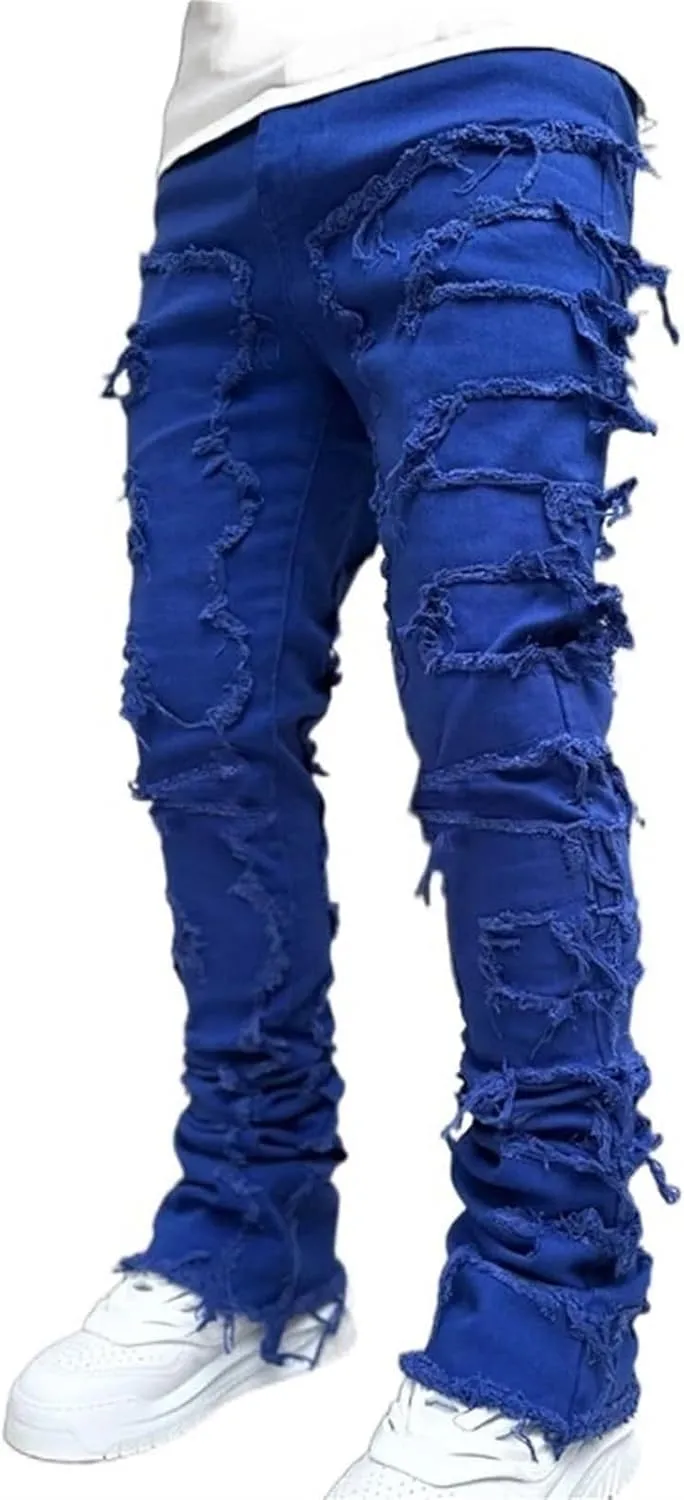 Mens Stacked Jeans Stretch Slim Fit Casual Ripped Destroyed Straight Denim Pants Harajuku Hip Hop Vintage Trousers