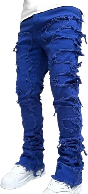 Mens Stacked Jeans Stretch Slim Fit Casual Ripped Destroyed Straight Denim Pants Harajuku Hip Hop Vintage Trousers