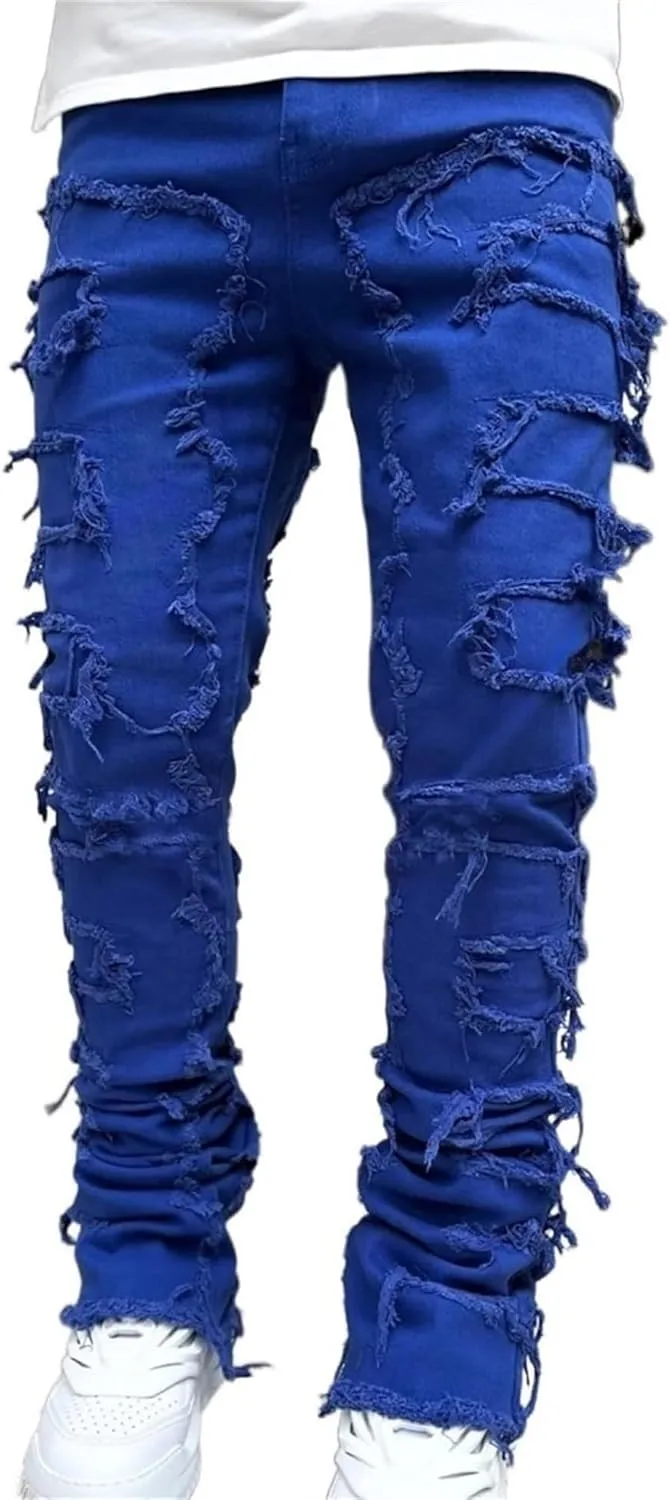 Mens Stacked Jeans Stretch Slim Fit Casual Ripped Destroyed Straight Denim Pants Harajuku Hip Hop Vintage Trousers