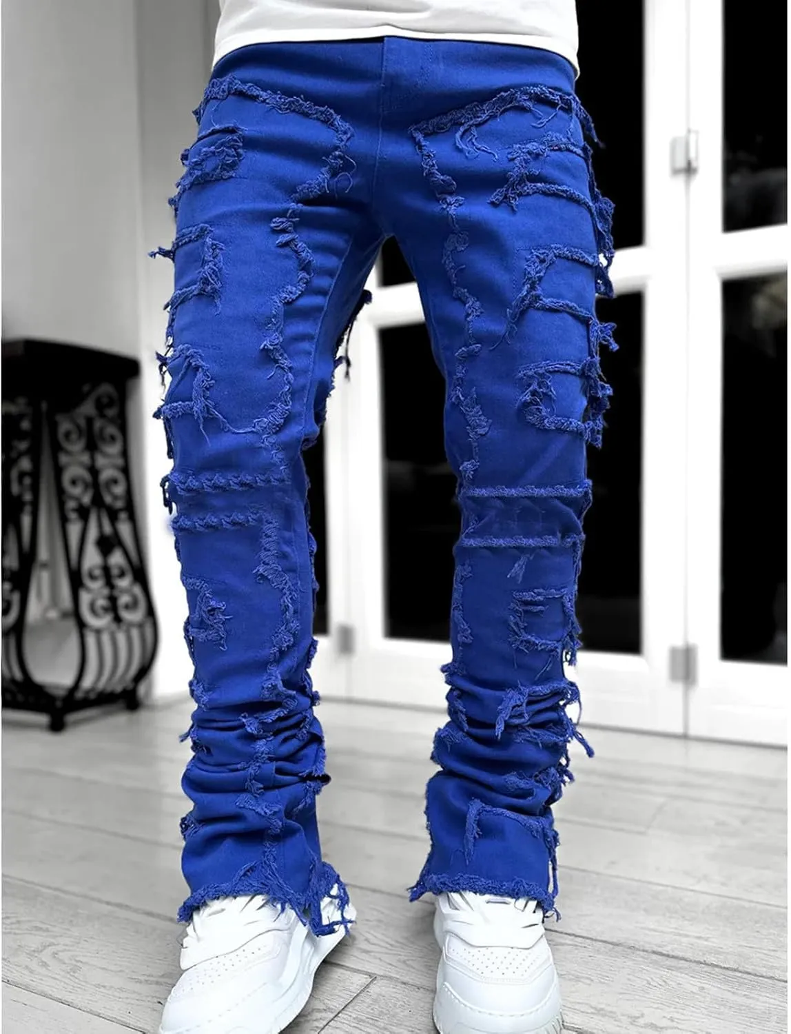 Mens Stacked Jeans Stretch Slim Fit Casual Ripped Destroyed Straight Denim Pants Harajuku Hip Hop Vintage Trousers