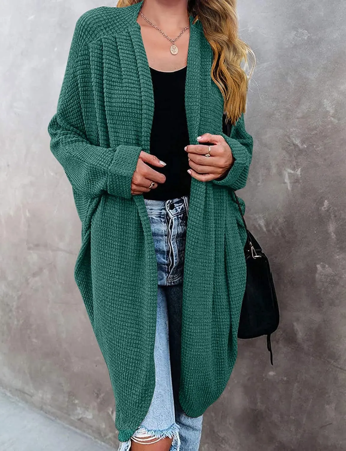 MEROKEETY Women's 2025 Fall Waffle Knit Batwing Long Sleeve Cardigan Loose Open Front Sweater Coat
