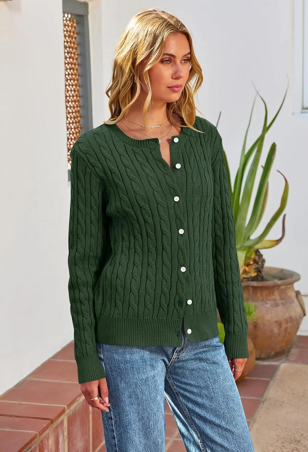 MEROKEETY Women's Cable Knit Open Front Cardigan Sweaters Fall Long Sleeve Button Down Soft Outwear