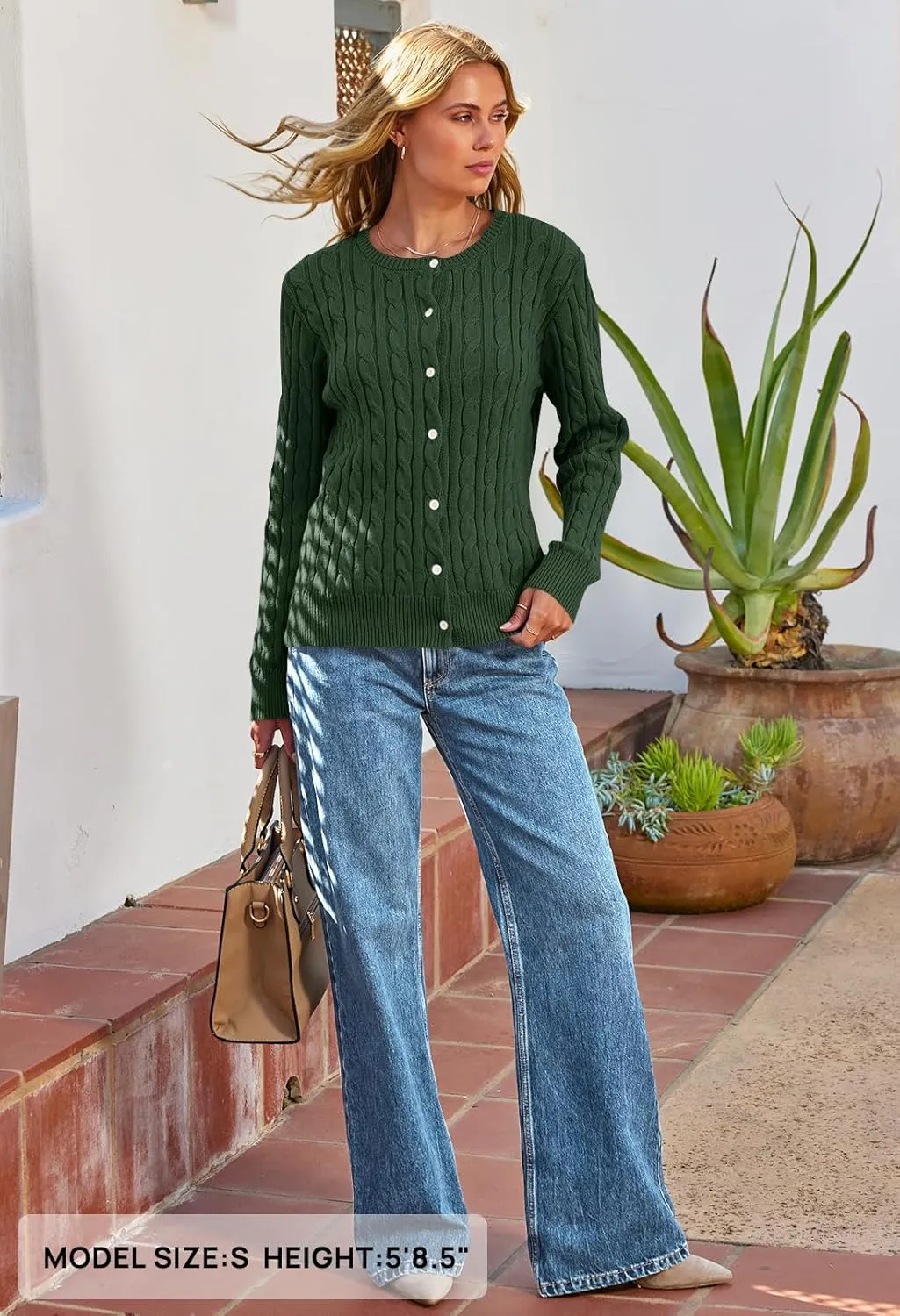 MEROKEETY Women's Cable Knit Open Front Cardigan Sweaters Fall Long Sleeve Button Down Soft Outwear