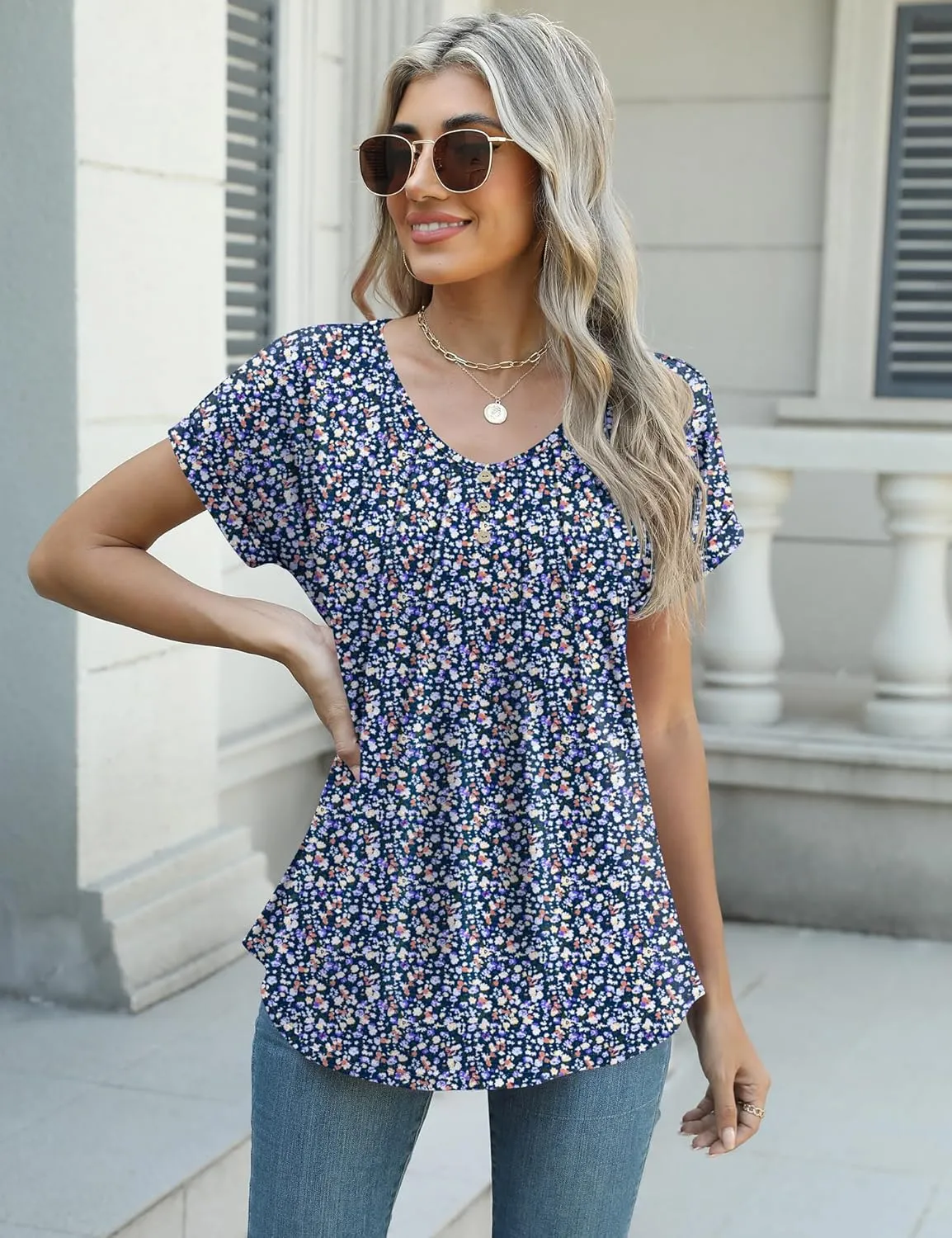 Micoson Women's V Neck T Shirts Short Sleeve Shirts Summer Blouses Pleated Button Tunic Tops Dressy Casual