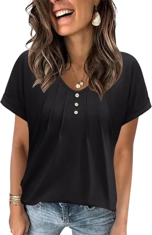 Micoson Women's V Neck T Shirts Short Sleeve Shirts Summer Blouses Pleated Button Tunic Tops Dressy Casual
