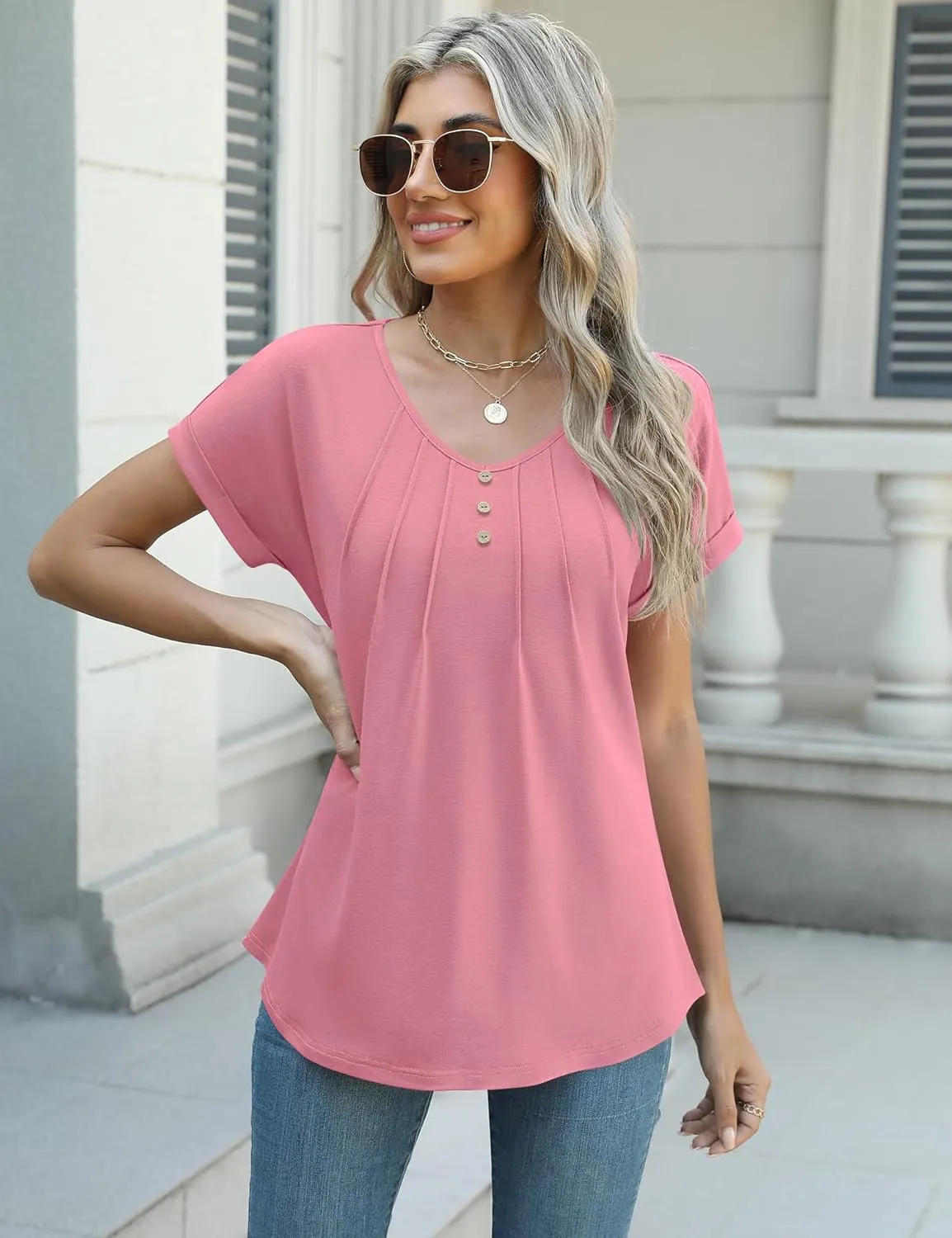 Micoson Women's V Neck T Shirts Short Sleeve Shirts Summer Blouses Pleated Button Tunic Tops Dressy Casual