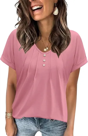 Micoson Women's V Neck T Shirts Short Sleeve Shirts Summer Blouses Pleated Button Tunic Tops Dressy Casual