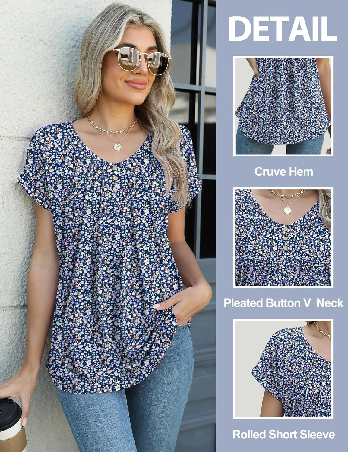 Micoson Women's V Neck T Shirts Short Sleeve Shirts Summer Blouses Pleated Button Tunic Tops Dressy Casual