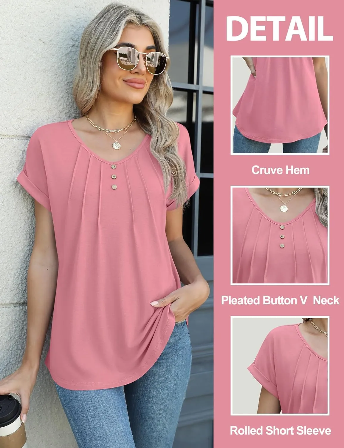 Micoson Women's V Neck T Shirts Short Sleeve Shirts Summer Blouses Pleated Button Tunic Tops Dressy Casual