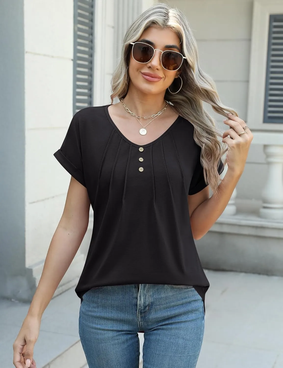Micoson Women's V Neck T Shirts Short Sleeve Shirts Summer Blouses Pleated Button Tunic Tops Dressy Casual