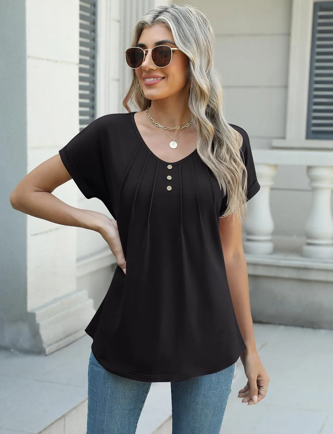 Micoson Women's V Neck T Shirts Short Sleeve Shirts Summer Blouses Pleated Button Tunic Tops Dressy Casual