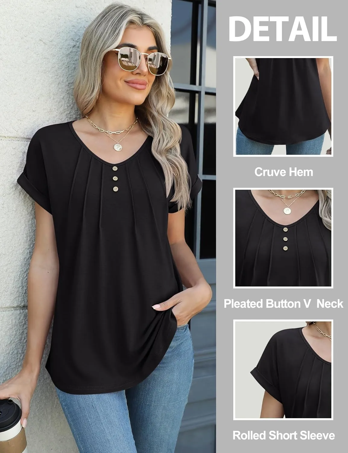 Micoson Women's V Neck T Shirts Short Sleeve Shirts Summer Blouses Pleated Button Tunic Tops Dressy Casual