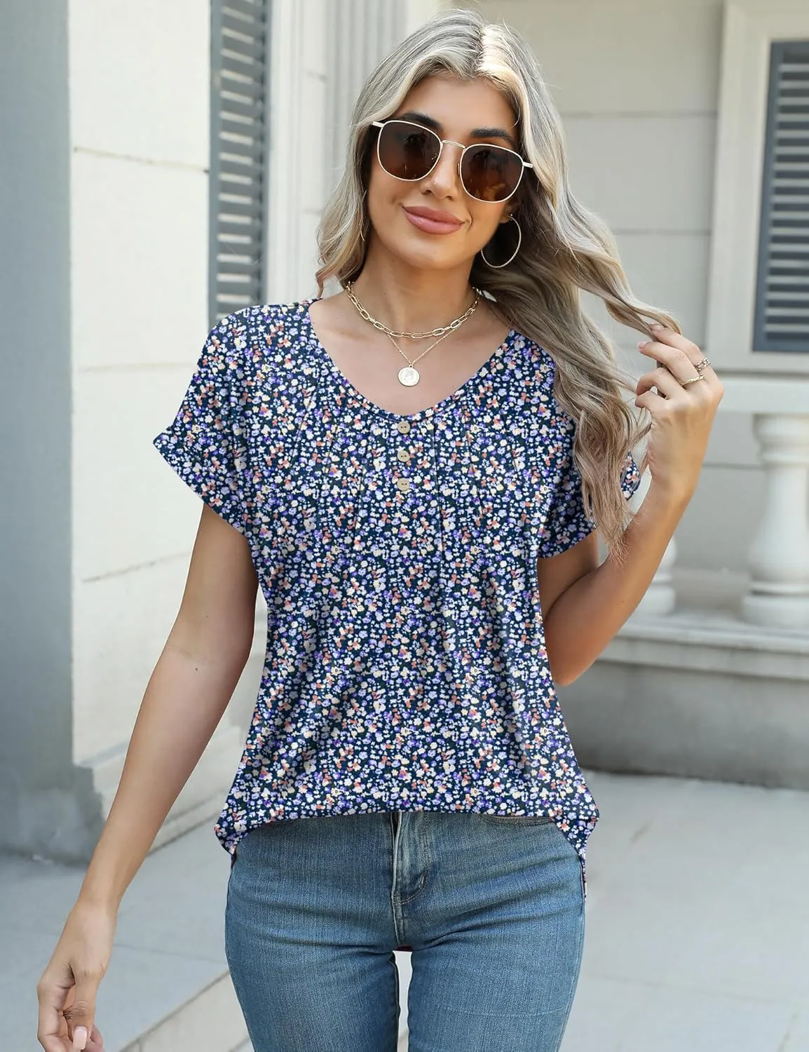 Micoson Women's V Neck T Shirts Short Sleeve Shirts Summer Blouses Pleated Button Tunic Tops Dressy Casual
