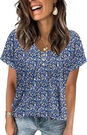 Micoson Women's V Neck T Shirts Short Sleeve Shirts Summer Blouses Pleated Button Tunic Tops Dressy Casual