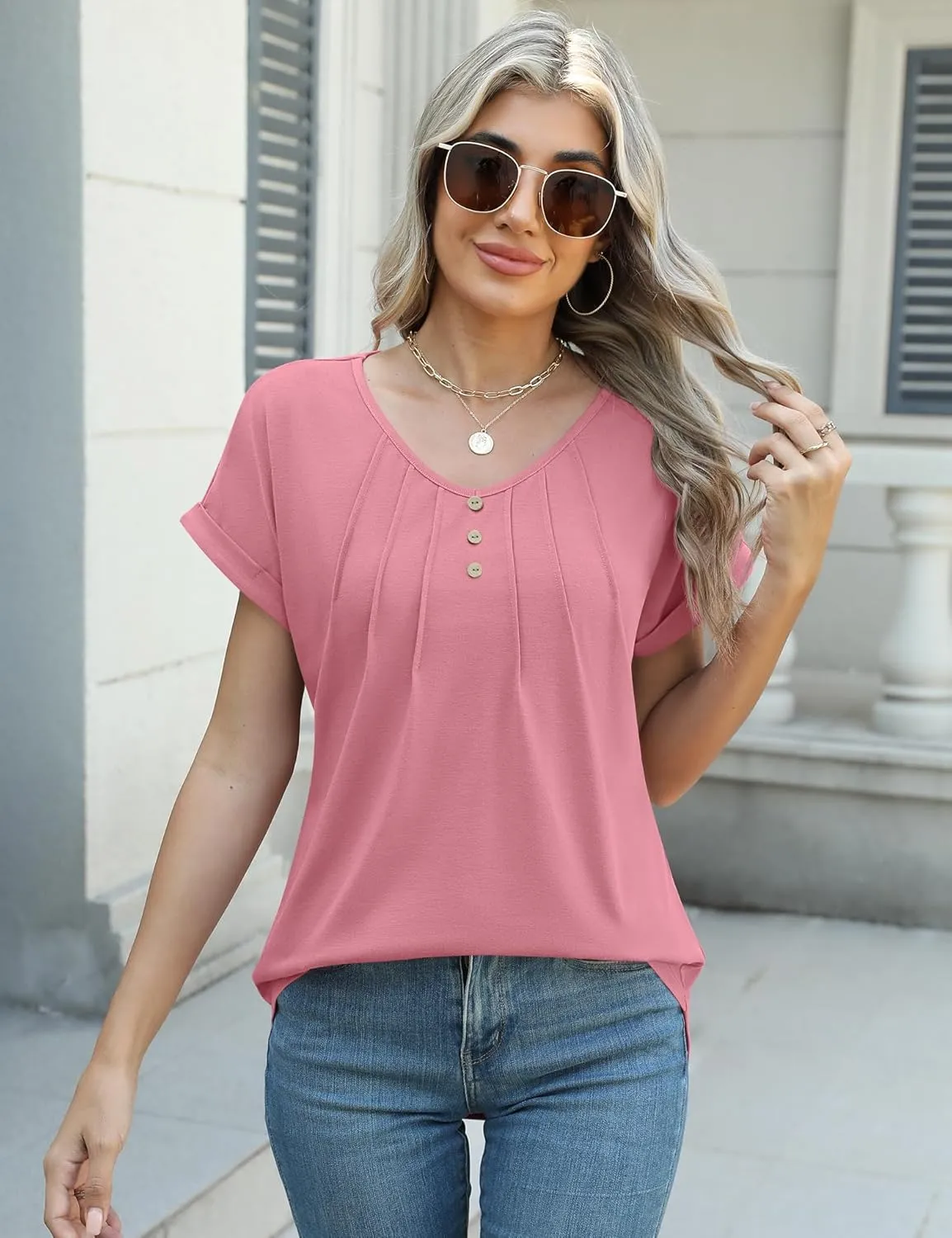Micoson Women's V Neck T Shirts Short Sleeve Shirts Summer Blouses Pleated Button Tunic Tops Dressy Casual