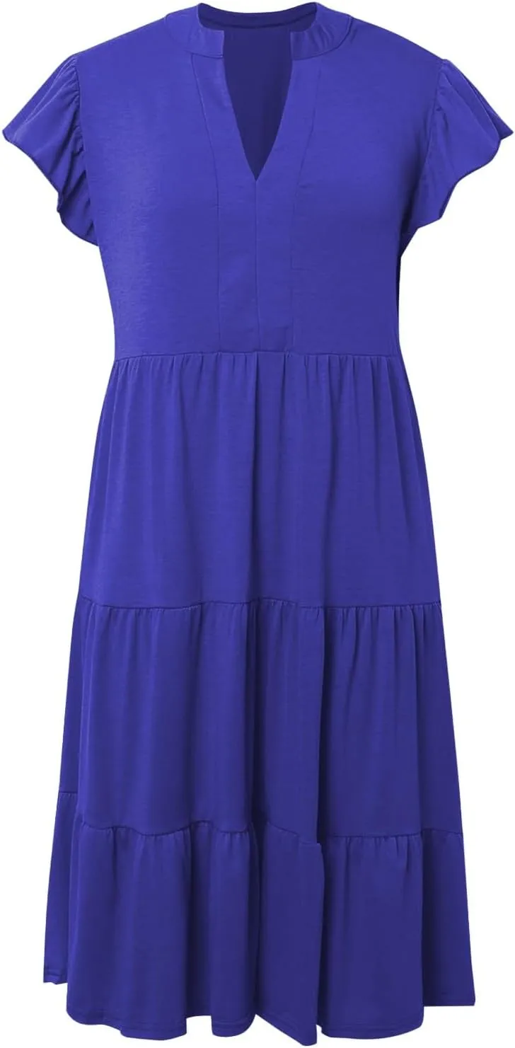 Midi Dresses for Women Casual Ruffle Sleeve V Neck Sundress Flowy Summer Vacation Mid Length Party Wedding Dress