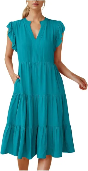 Midi Dresses for Women Casual Ruffle Sleeve V Neck Sundress Flowy Summer Vacation Mid Length Party Wedding Dress
