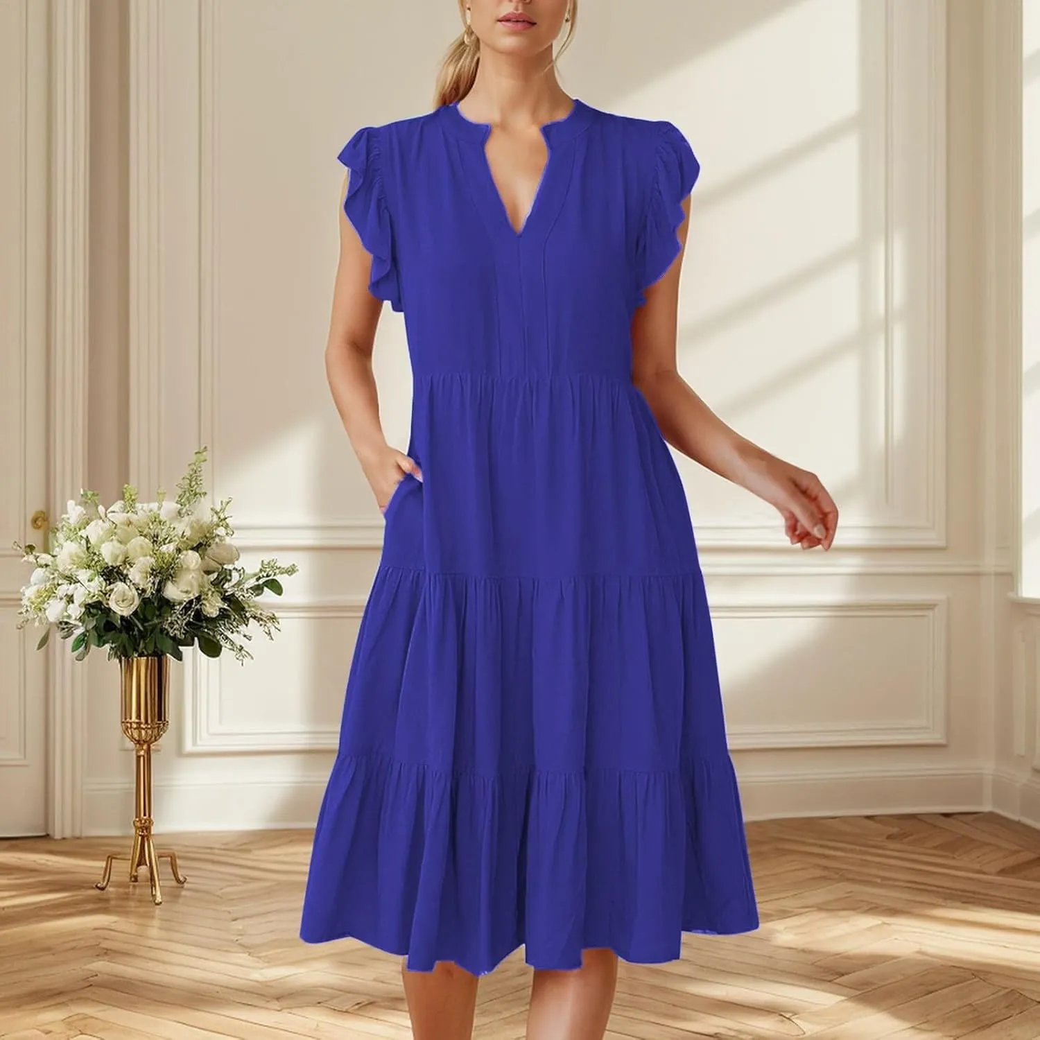 Midi Dresses for Women Casual Ruffle Sleeve V Neck Sundress Flowy Summer Vacation Mid Length Party Wedding Dress