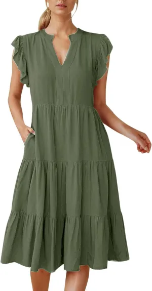 Midi Dresses for Women Casual Ruffle Sleeve V Neck Sundress Flowy Summer Vacation Mid Length Party Wedding Dress