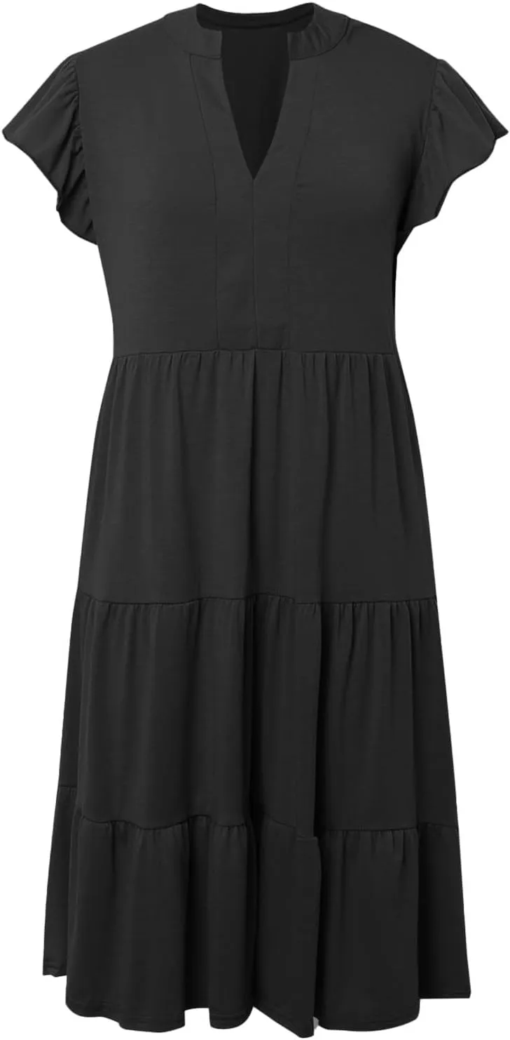 Midi Dresses for Women Casual Ruffle Sleeve V Neck Sundress Flowy Summer Vacation Mid Length Party Wedding Dress