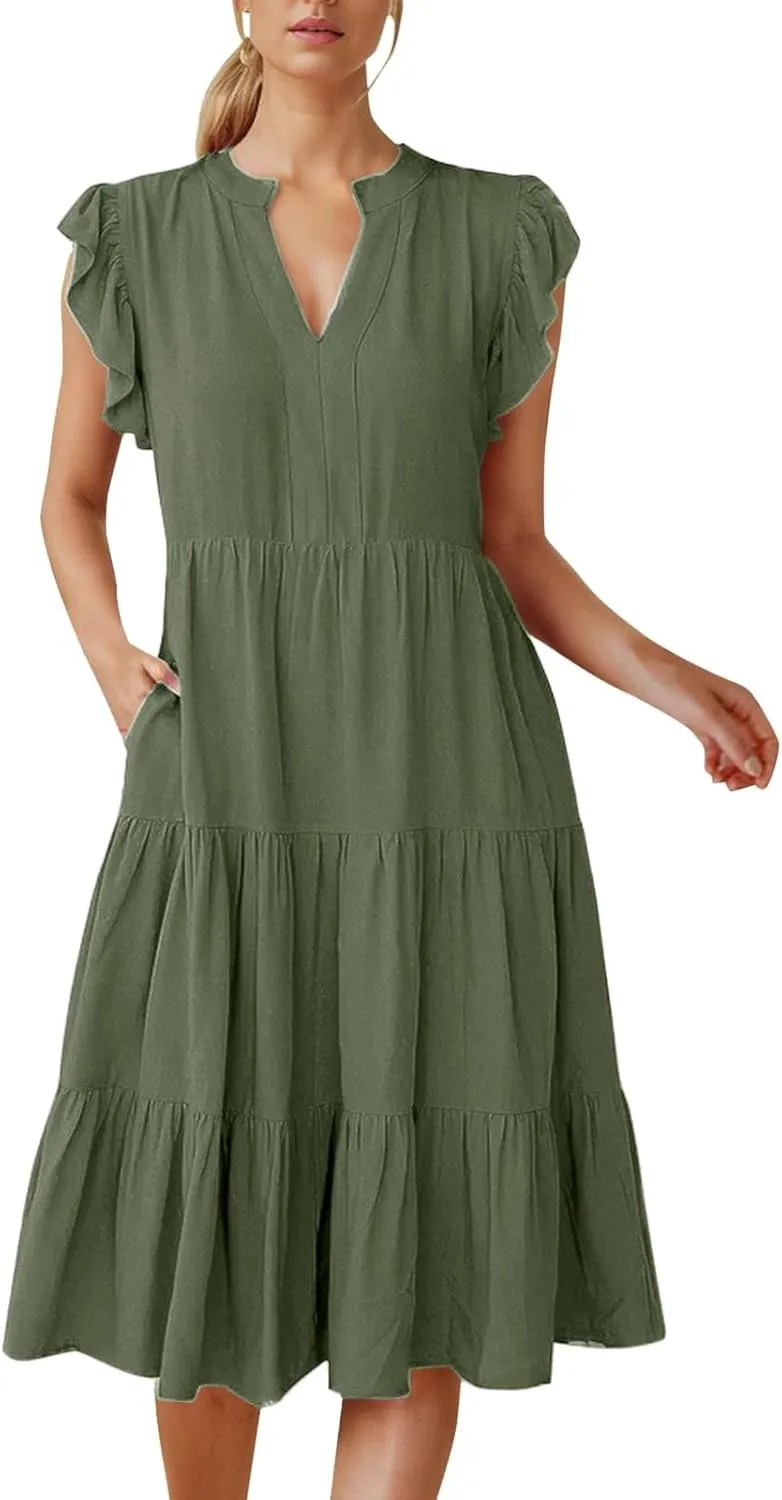 Midi Dresses for Women Casual Ruffle Sleeve V Neck Sundress Flowy Summer Vacation Mid Length Party Wedding Dress