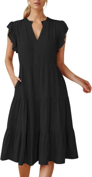 Midi Dresses for Women Casual Ruffle Sleeve V Neck Sundress Flowy Summer Vacation Mid Length Party Wedding Dress