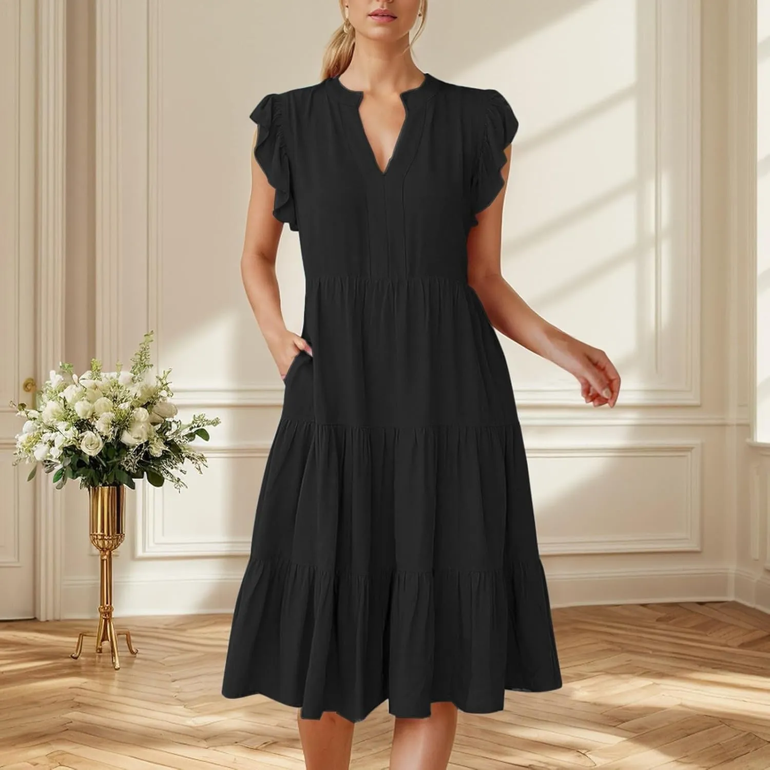 Midi Dresses for Women Casual Ruffle Sleeve V Neck Sundress Flowy Summer Vacation Mid Length Party Wedding Dress