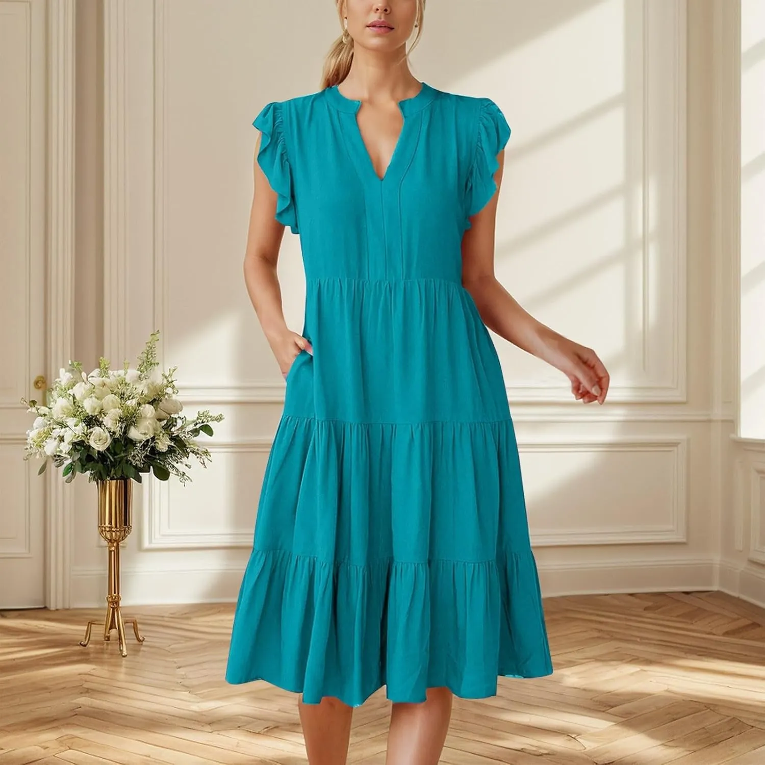 Midi Dresses for Women Casual Ruffle Sleeve V Neck Sundress Flowy Summer Vacation Mid Length Party Wedding Dress