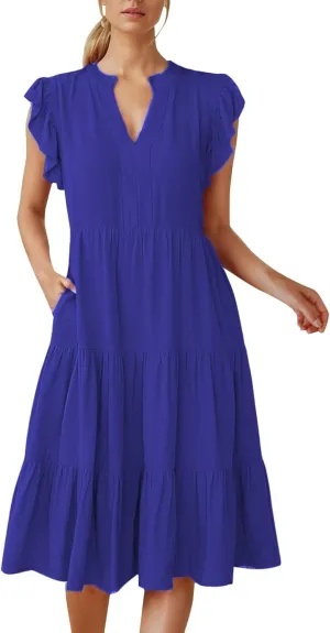 Midi Dresses for Women Casual Ruffle Sleeve V Neck Sundress Flowy Summer Vacation Mid Length Party Wedding Dress