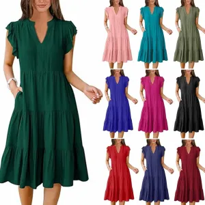 Midi Dresses for Women Casual Ruffle Sleeve V Neck Sundress Flowy Summer Vacation Mid Length Party Wedding Dress