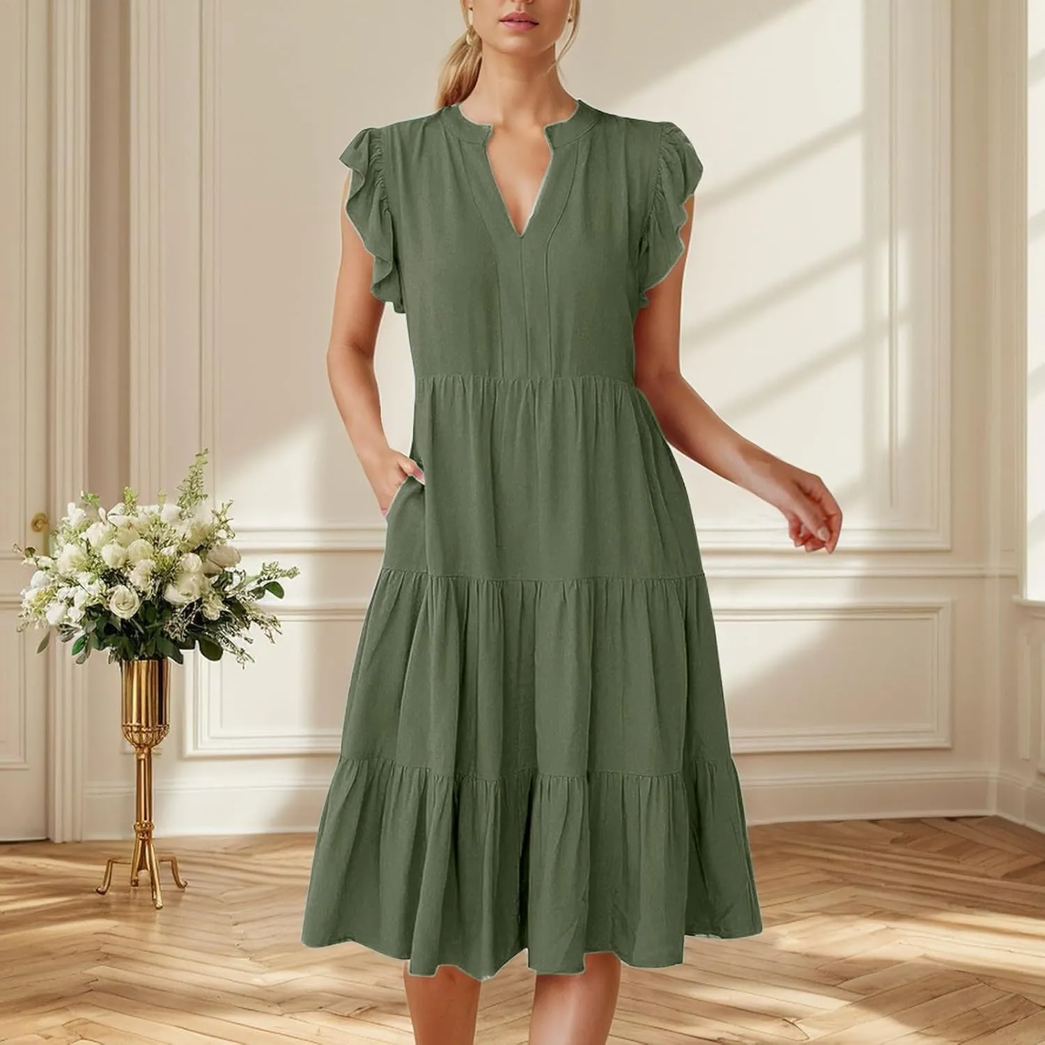 Midi Dresses for Women Casual Ruffle Sleeve V Neck Sundress Flowy Summer Vacation Mid Length Party Wedding Dress