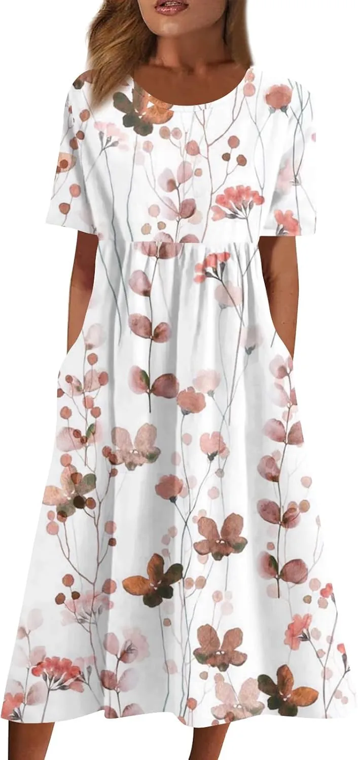 Midi Dresses for Women,Short Sleeve Elegant Formal Ruched Flowy Trendy Plus Size Casual Summer Wedding Guest Dress