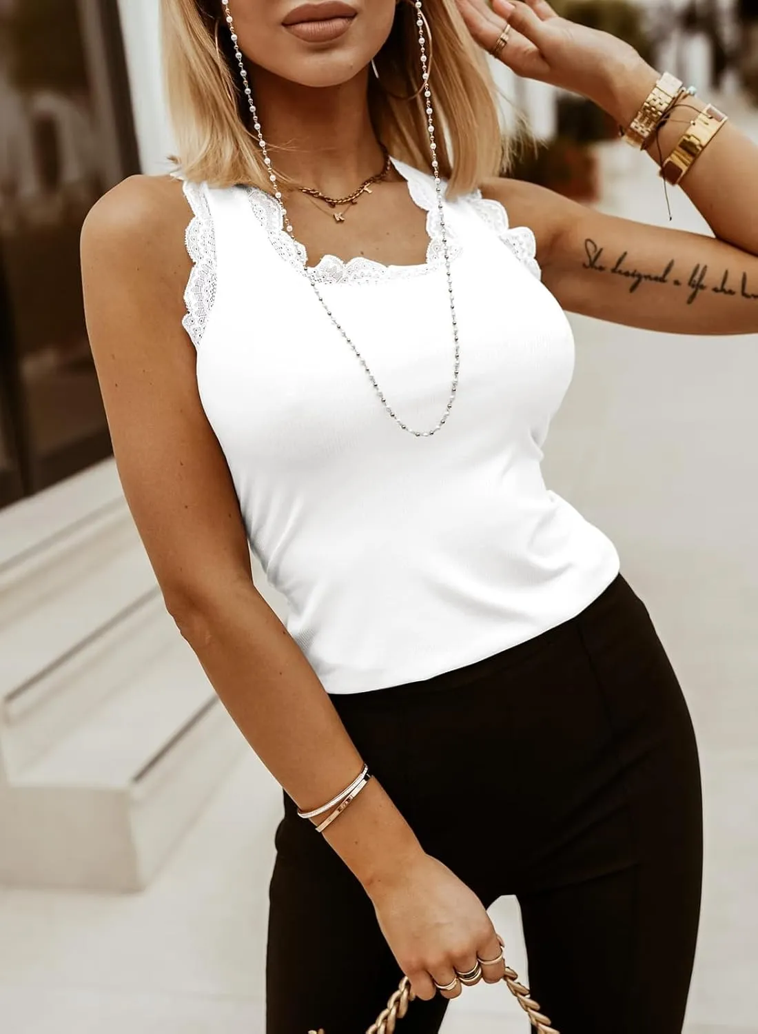 miduo Womens Slim Fit Scoop Neck Lace Trim Ribbed Knit Tanks Tops Sleeveless Blouses Shirts Tops