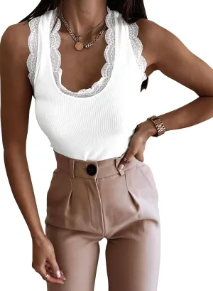 miduo Womens Slim Fit Scoop Neck Lace Trim Ribbed Knit Tanks Tops Sleeveless Blouses Shirts Tops