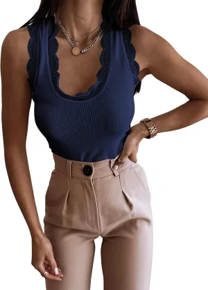 miduo Womens Slim Fit Scoop Neck Lace Trim Ribbed Knit Tanks Tops Sleeveless Blouses Shirts Tops