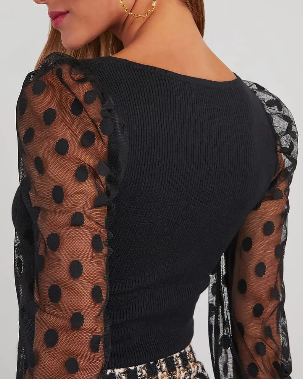 miduo Womens Tops Square Neck Polka Dot Balloon Long Sleeve Top Shirts Slim Knit Ribbed Tops Blouses