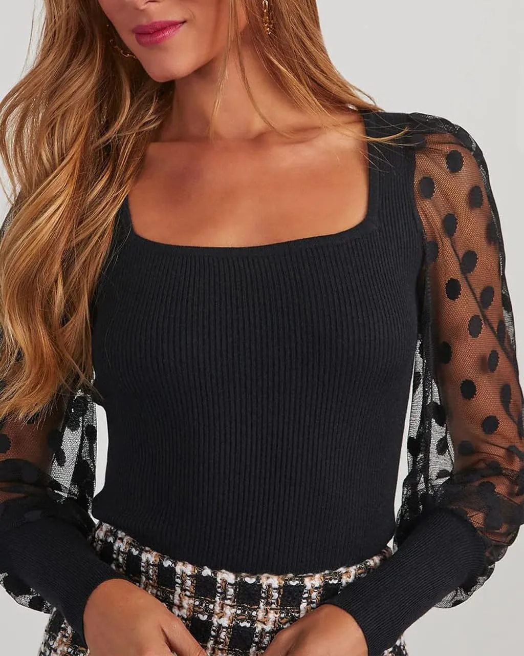 miduo Womens Tops Square Neck Polka Dot Balloon Long Sleeve Top Shirts Slim Knit Ribbed Tops Blouses