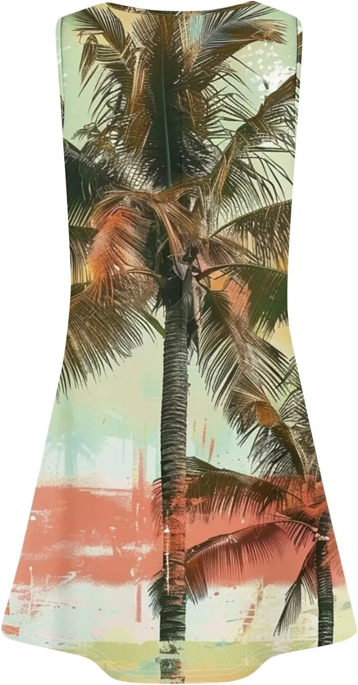 Mini Dresses for Women Pleated Floral Printed Tank Dress Trendy Hawaiian Sun Dresses Casual Beach Summer Sundress