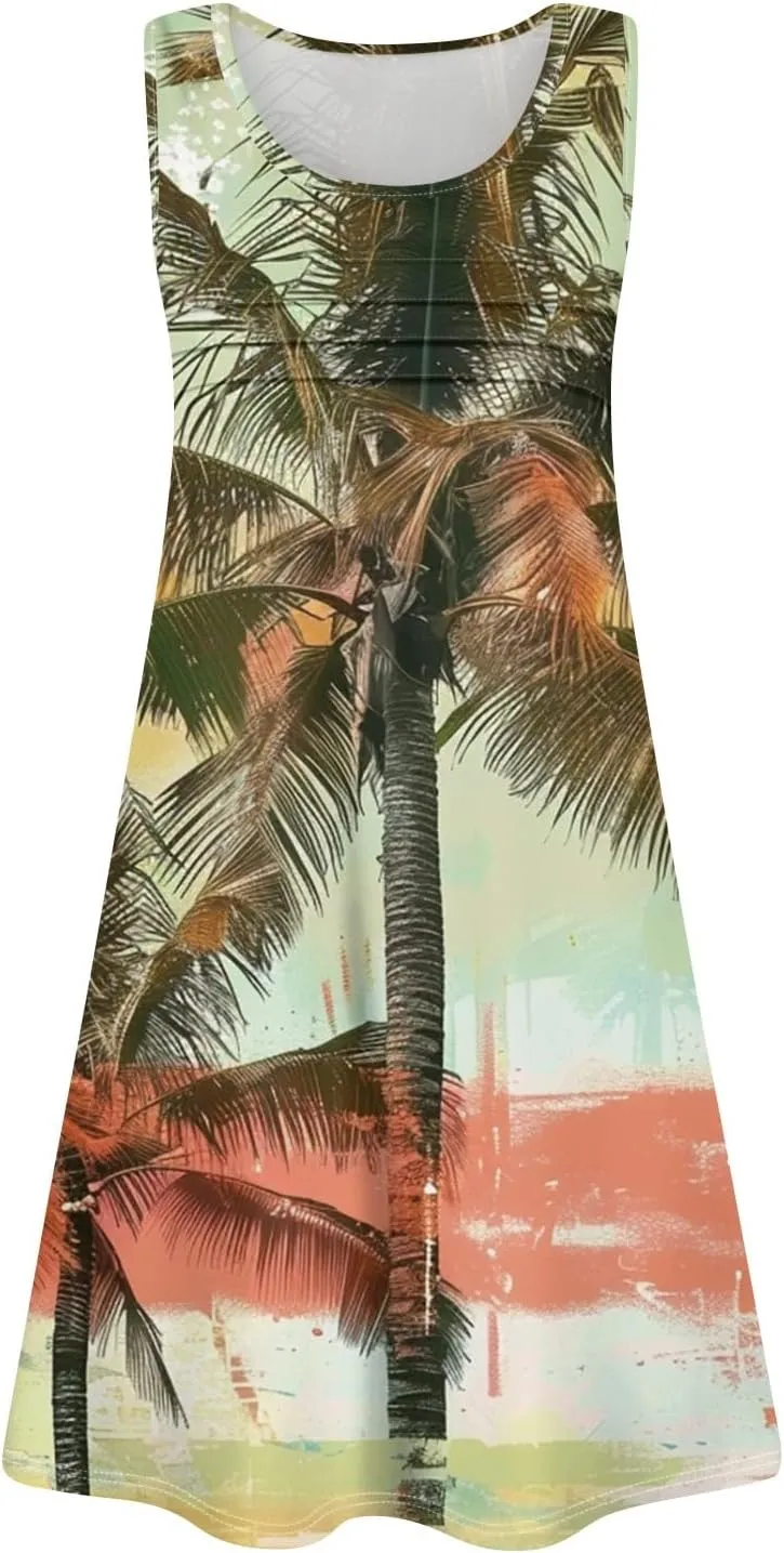 Mini Dresses for Women Pleated Floral Printed Tank Dress Trendy Hawaiian Sun Dresses Casual Beach Summer Sundress