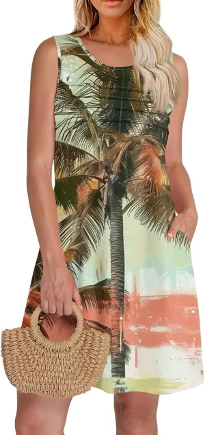Mini Dresses for Women Pleated Floral Printed Tank Dress Trendy Hawaiian Sun Dresses Casual Beach Summer Sundress