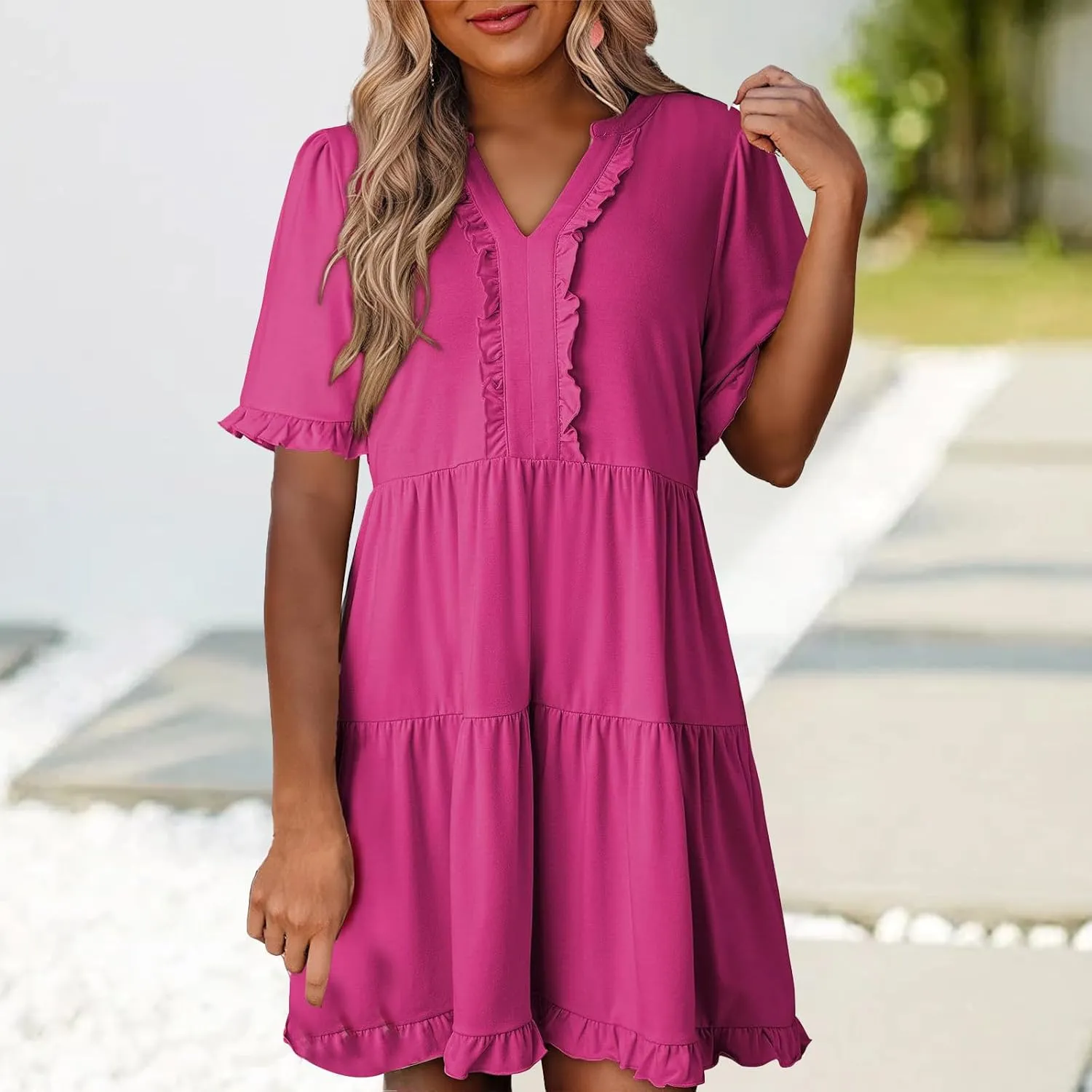 Mini Dresses for Women Summer Casual V Neck Dress Short Sleeve A Line Flowy Swing Shift Dress Plus Size Sundress