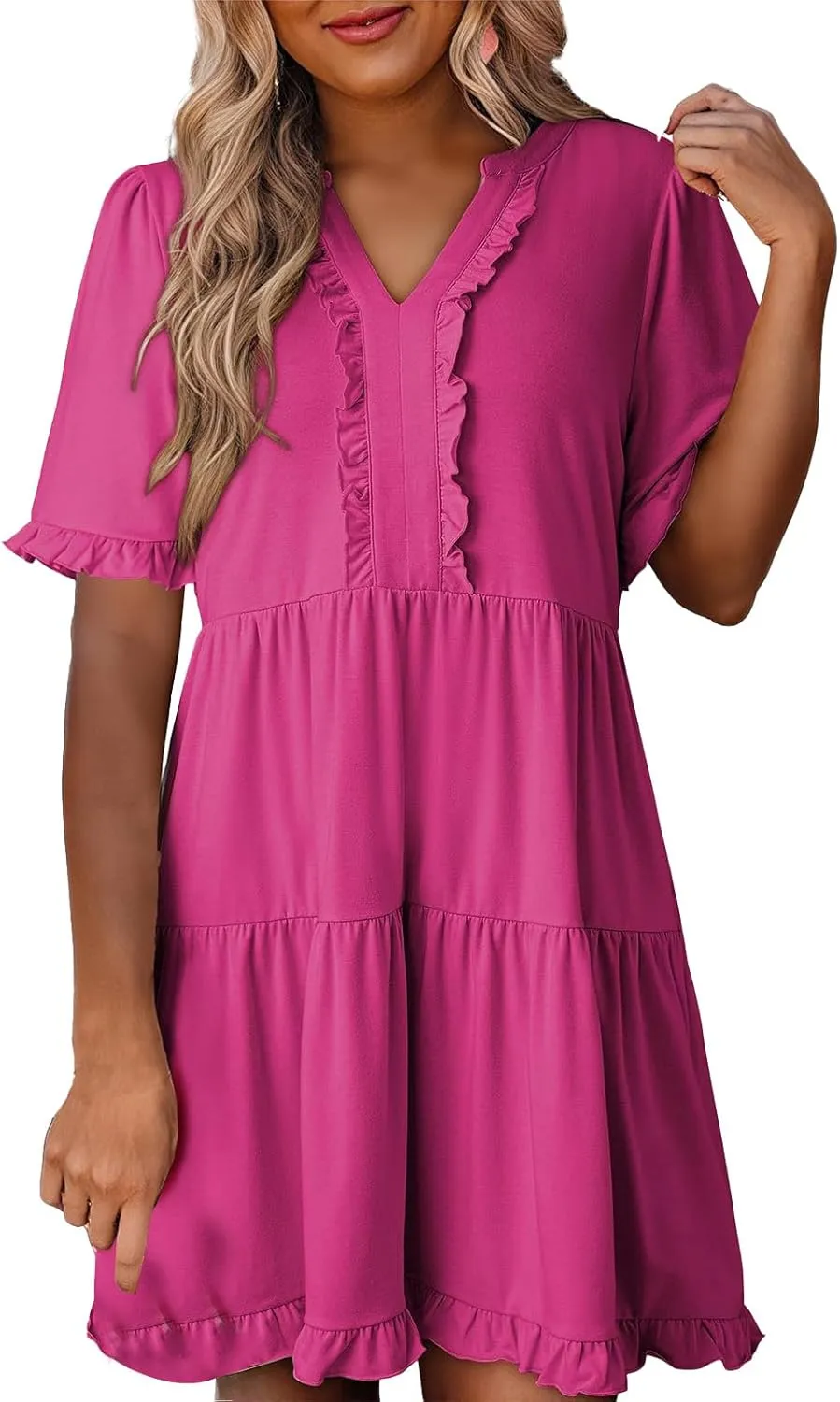Mini Dresses for Women Summer Casual V Neck Dress Short Sleeve A Line Flowy Swing Shift Dress Plus Size Sundress