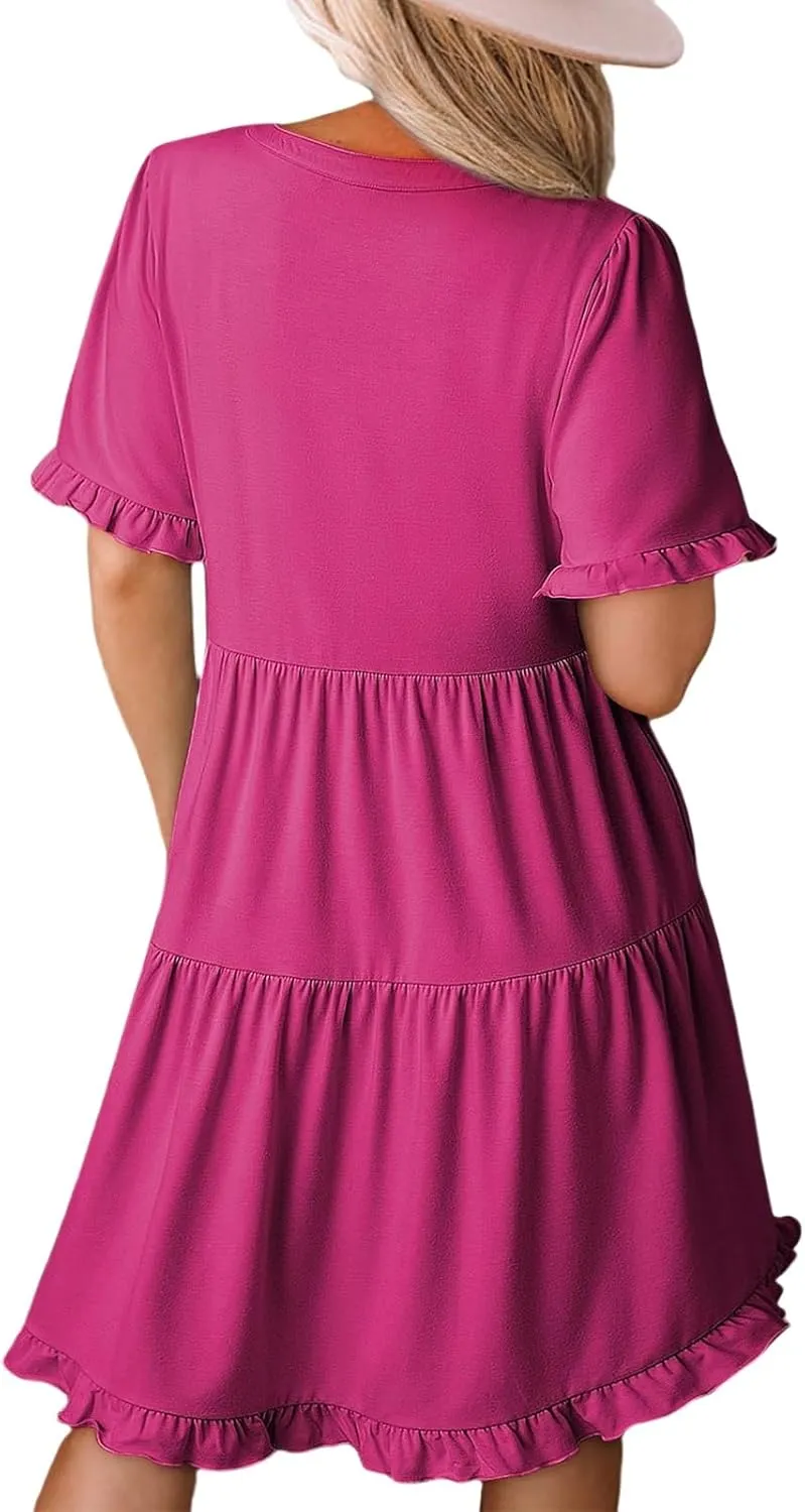Mini Dresses for Women Summer Casual V Neck Dress Short Sleeve A Line Flowy Swing Shift Dress Plus Size Sundress