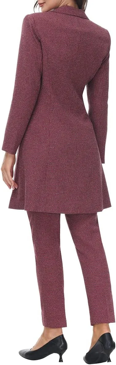MODFUL Women's 2 Piece Long Blazer with Pants Set Small Plaid Elegant Suit Set for Casual Business Office
