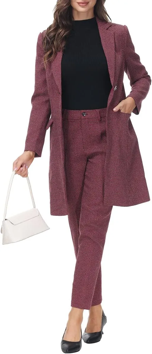 MODFUL Women's 2 Piece Long Blazer with Pants Set Small Plaid Elegant Suit Set for Casual Business Office